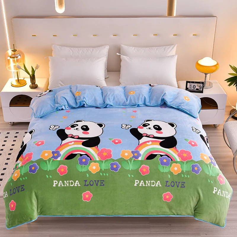 Cartoon Panda Duvet Cover 1 Piece Floral Rainbow Quilt Cover Soft Warm Winter Flannel Comforter Cover Reversible Kawaii Bedding