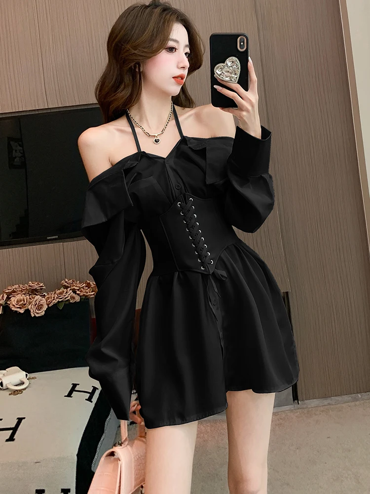 Autumn White Long Sleeve Chic Off Shoulder Sexy Shirt Dress Women Elegant Bandage Short Dress 2025 Korean Bodycon Casual Dresses