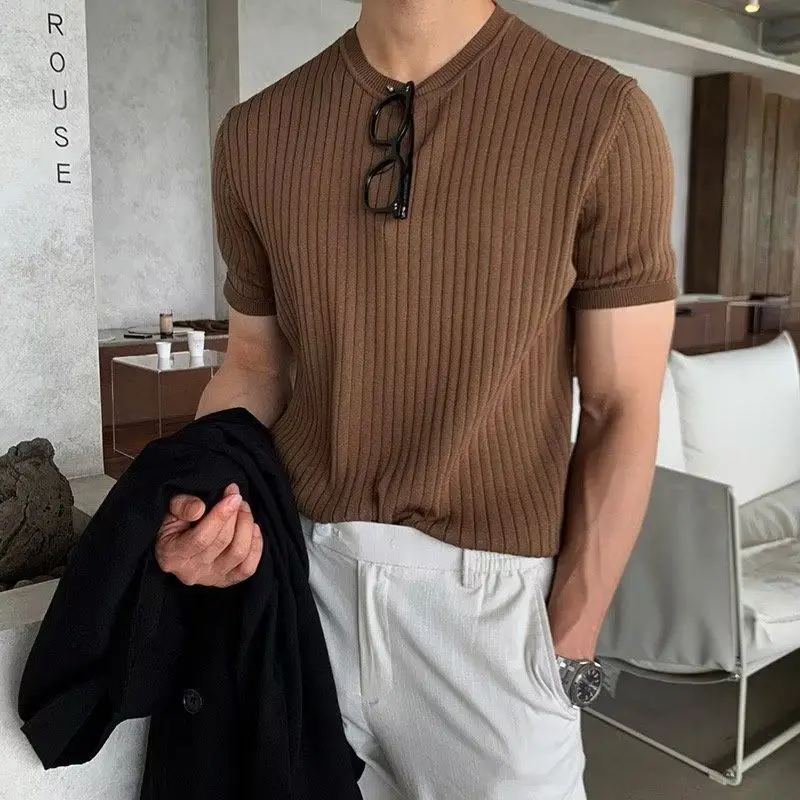 Summer men\'s t-shirt short-sleeved sweater stretch Korean style loose American Korean Dongdaemun premium men\'s tops men clothing