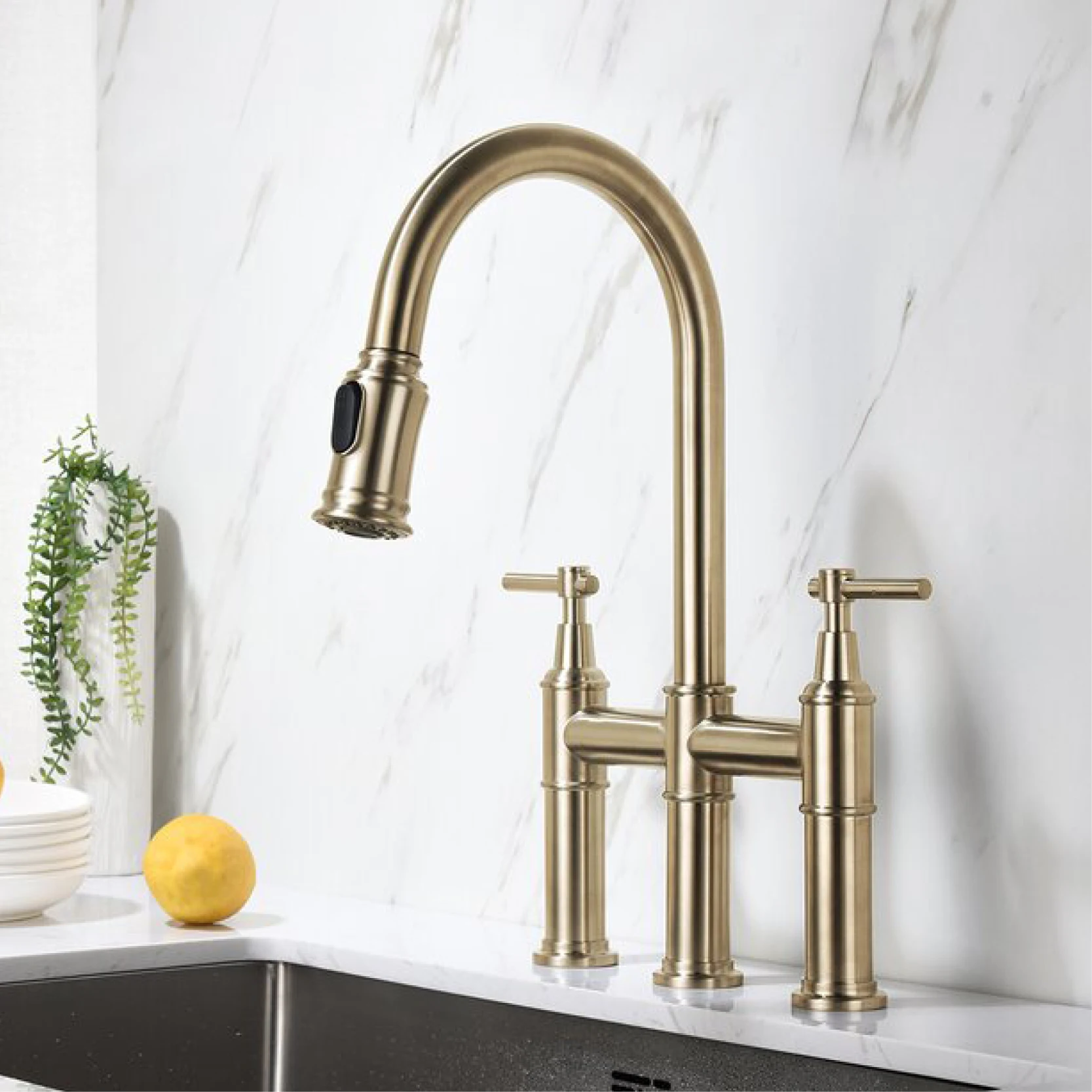 American black brass kitchen faucet 2-hole double handle cold and hot double control pull-out design three-function sink faucet