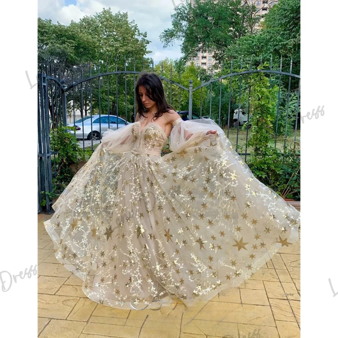 

Lena-Star Lace Applique Prom Dress A-line sheer evening dress elegant fluffy sleeves and floor length skirt verano moda 2024