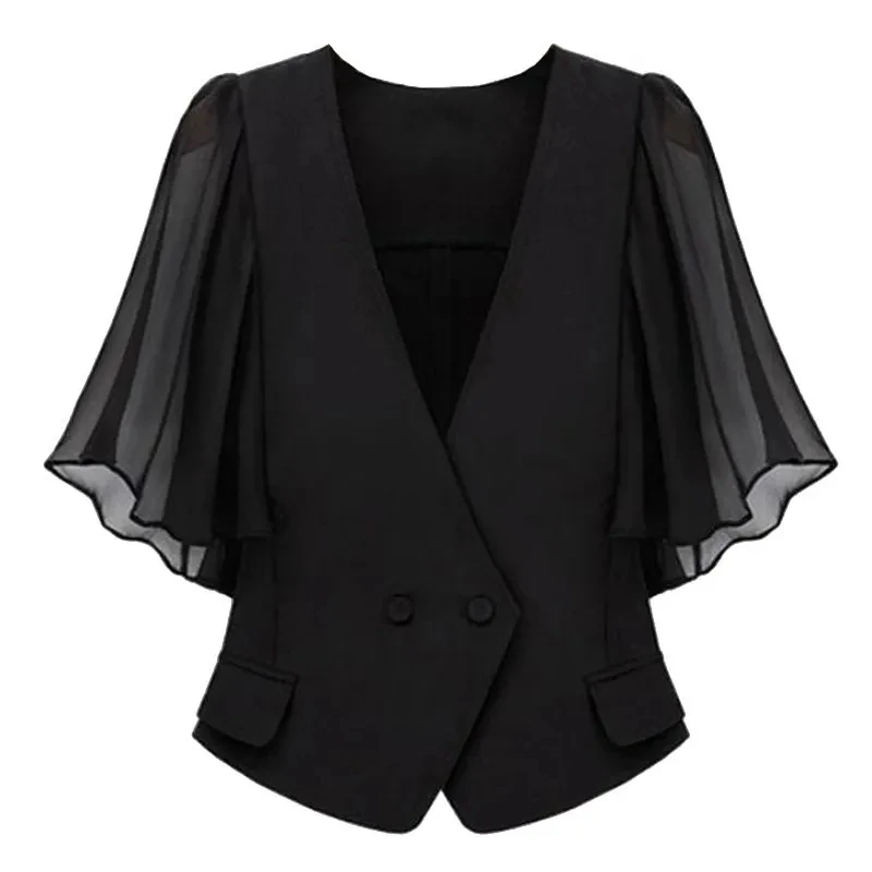 

Fashion Design Sense Black Women's Shirt V-Neck Splicing Chiffon Bat Sleeve Top Summer Autumn Casual Shirt Coat Female Blouse