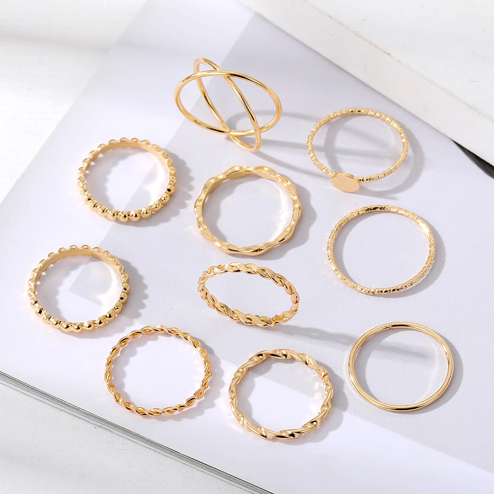 IPARAM Vintage Simplicity Irregular Gold Color Metal Rings Trendy Twist Helical Mixed Styles Rings Set Jewelry Gifts