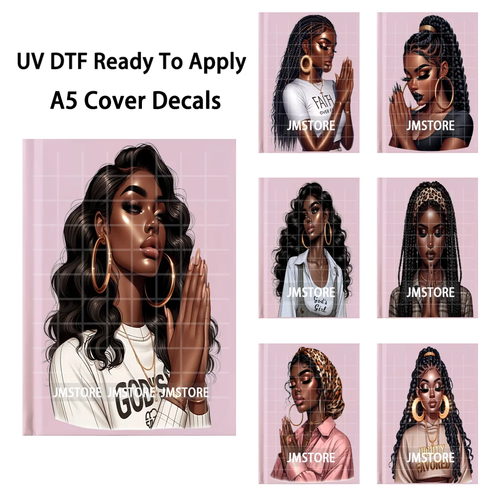 Fashion Leopard Black Women Prayer A5 Notebook UV DTF Wraps Ready To Apply Waterproof Transfer Stickers Decals For Journal Cover