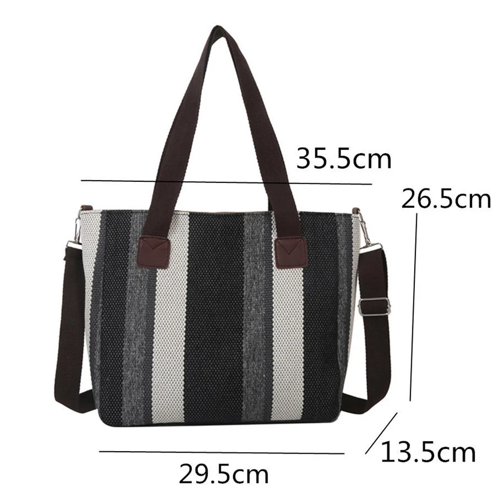 Women\'s Canvas Shoulder Bags Eco Reusable Striped Shopper Fashion Print Large Capacity Handbags Casual Simple Bag for Students