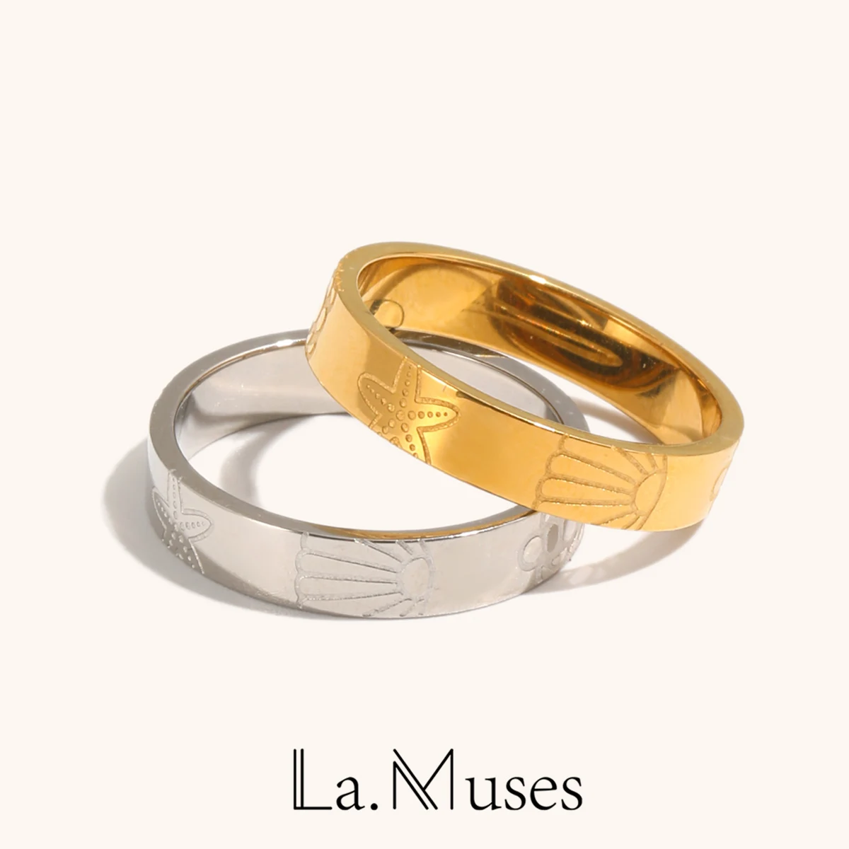 La. Muses Minimally Carved Marine Life Stainless Steel Women's Ring PVD Gold Plated Trendy Summer Jewelry