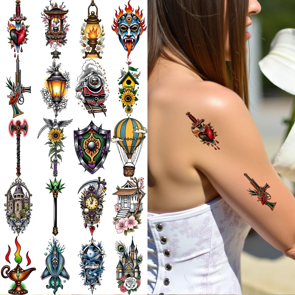 

28 шт., временные татуировки, кинжал, водостойкие долговечные наклейки на тело, пылающая лампа, череп, временные татуировки, наклейки, лампа для