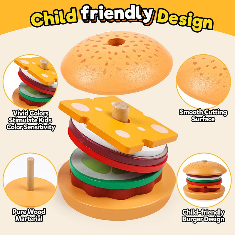 Set di panini per hamburger domestici simulati in legno per bambini con giocattolo per assemblaggio alimentare con puzzle circolare impilabile abbinato a colonna