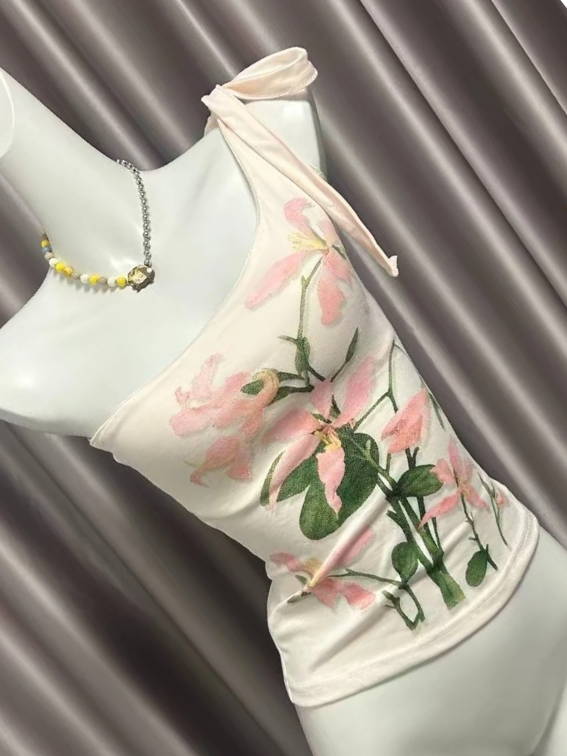 Vintage Botanical Pink Flower One Shoulder Top Women Tie Strap Slim Flared Hem Cottagecore Bohemian Summer Sleeveless Camisole
