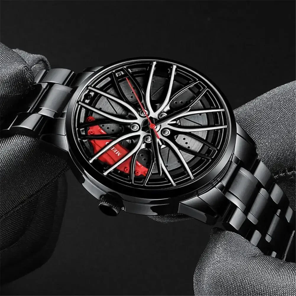 Men Quartz Watch Car Wheel Rim Hub Design Automatic Quartz Wristwatch Hidden Clasp Chronograph Luxury Male Clock Relojes