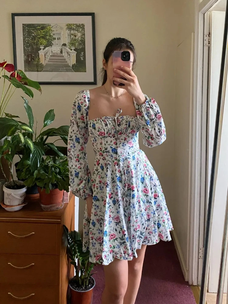Clearance Sale !! Summer Lantern Sleeve Dress Long Sleeve Floral Print Dress Drawstring Elegant A Line Party Holiday Dress Women