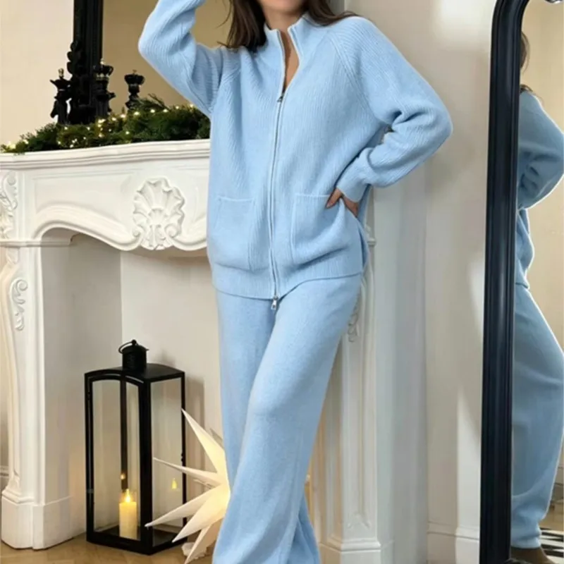 New Autumn Winter Knit Two Piece Set Women High Neck Zipper Long Sleeve Sweater Loose Wide Leg Pants 2 Piece Set Casual Outfit