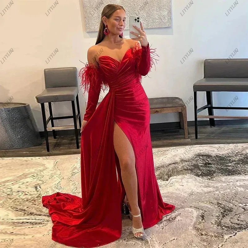 

LIYYLHQ Red Burgundy Mermaid Prom Dresses For Women Off The Shoulder High Split With Feathers Sleeves Celebrity Prom Party Gowns