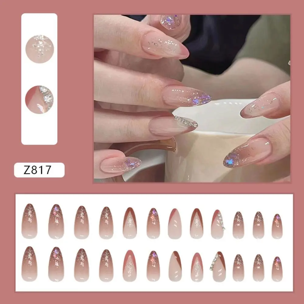 Manicure Long Almond False Nails Aurora French Press on Nails Crystal Detachable Fake Nials DIY