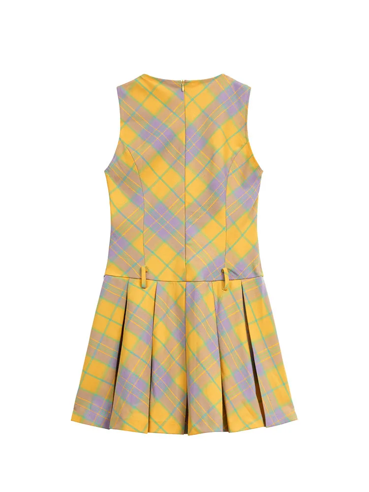 Elegant Fashion Sexy A-Line Dress Summer 2024 Women O-Neck Plaid One-Piece Yellow Sleeveless Pleated Frocks Y2K Cute Korean Tide