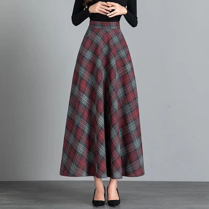 

Simplicity Autumn Winter Woolen Skirts Women Plaid Elastic High Waist Pockets Fashion Casual Slim A-line Mid-length Big Skirts