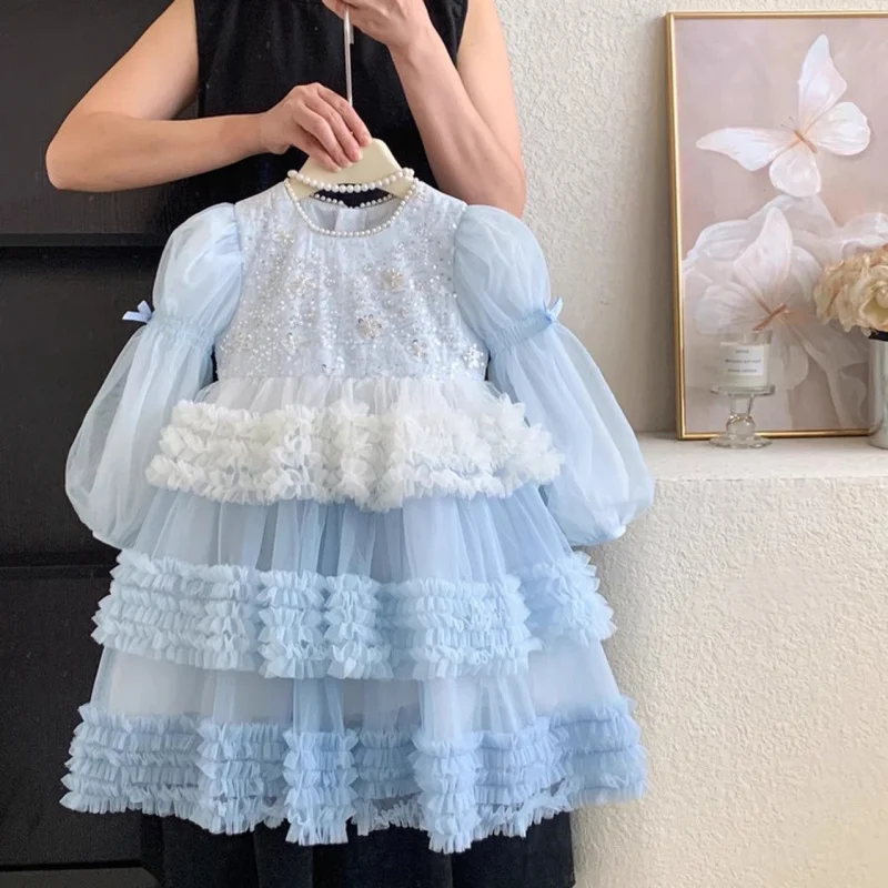 

Girls' Dress2025Autumn New Stylish Children's Princess Dress Long Sleeve Heavy Craft Puffy Dress Mesh Cake Dress