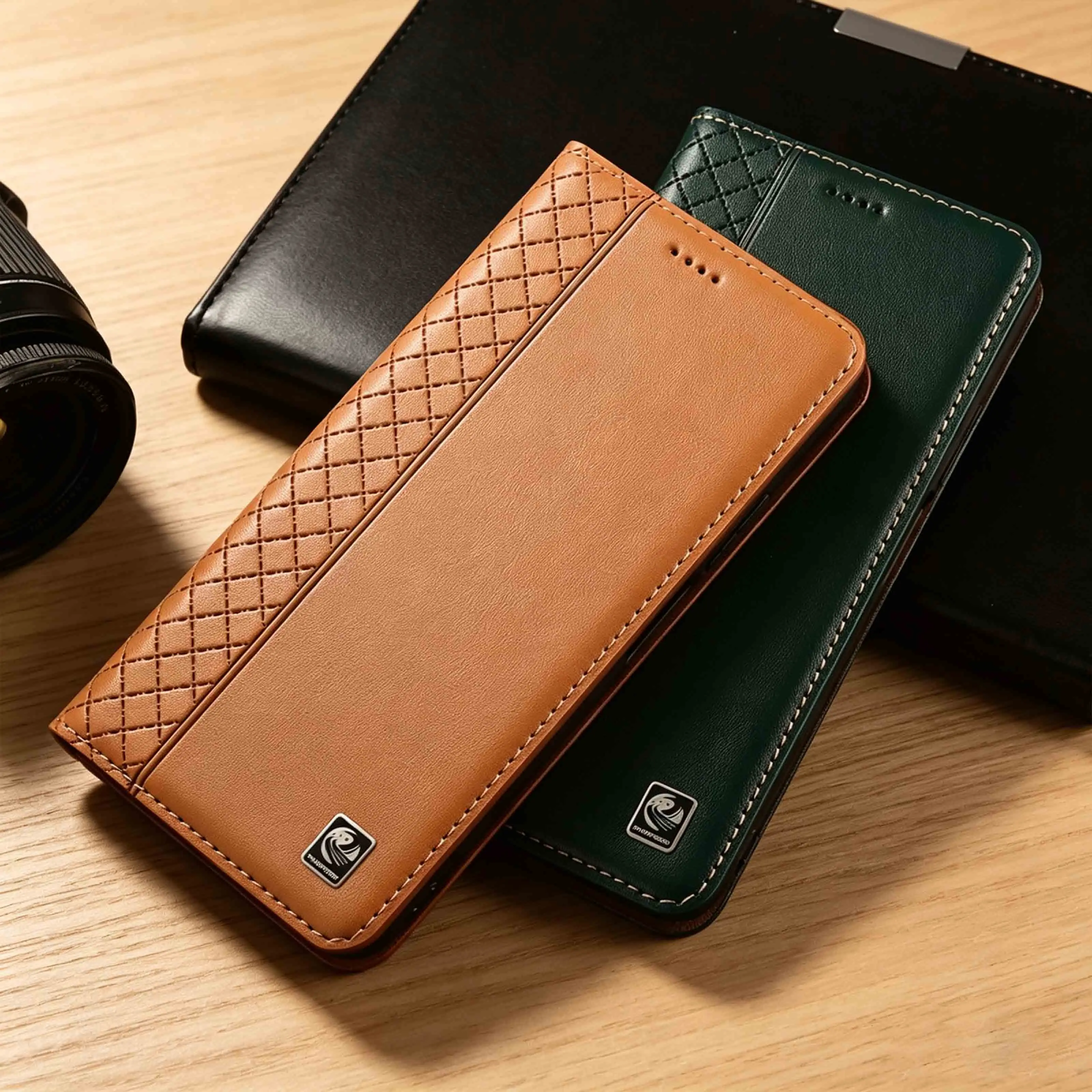 For Huawei Nova Y60 Y61 Y63 Y70 Y71 Y72 Y72S Y73 Y74 Y90 Y91 Plus Napa Inner Grid Pattern GenuineLeather Flip Phone Case Cowhide