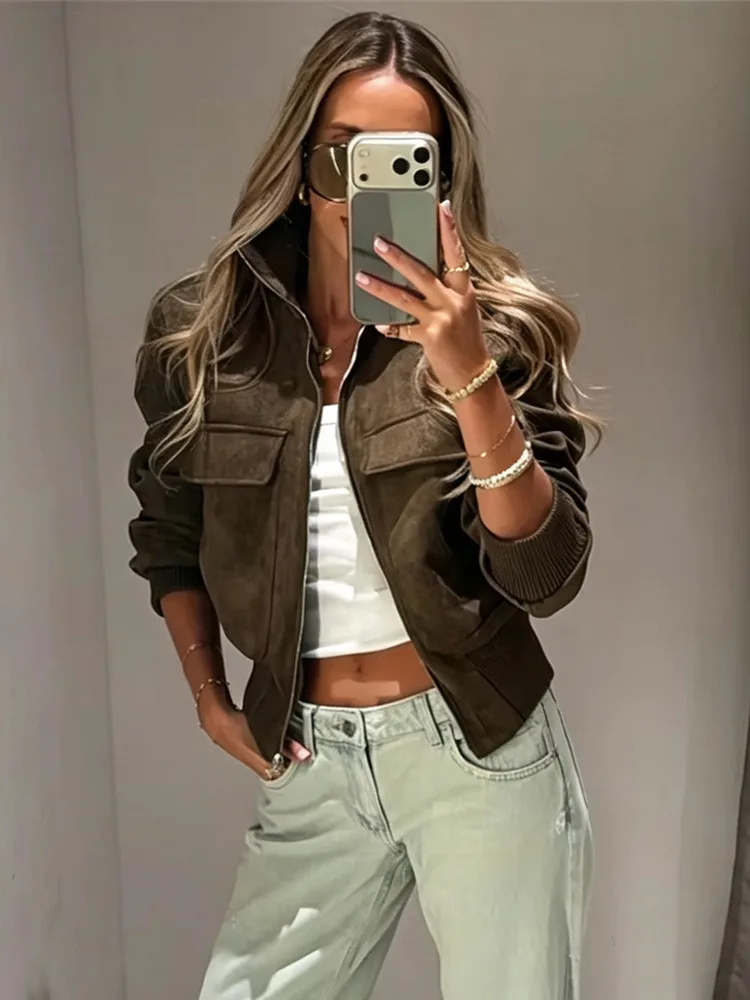 Ladies Short Vintage Faux Suede Autumn Winter Jacket Women Coat Stand-Collar Zip-up Field Trendy Streetwear Chic Jacket Female