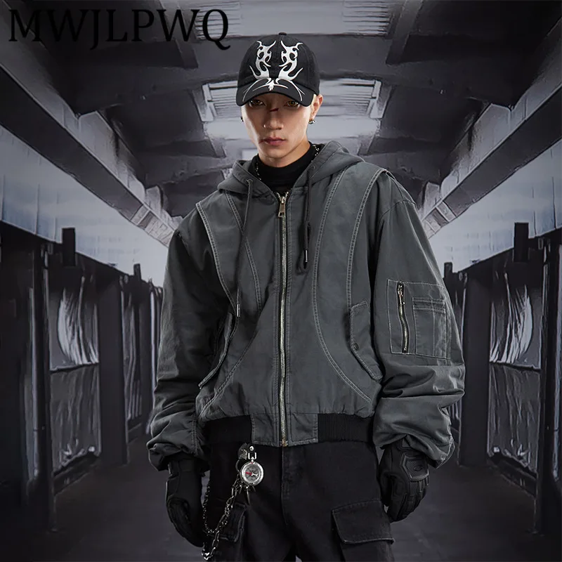 

MWJLPWQ деконструированная лоскутная универсальная рабочая одежда с капюшоном на молнии, свободная короткая куртка, мужское утепленное хлопковое пальто High Street 12809