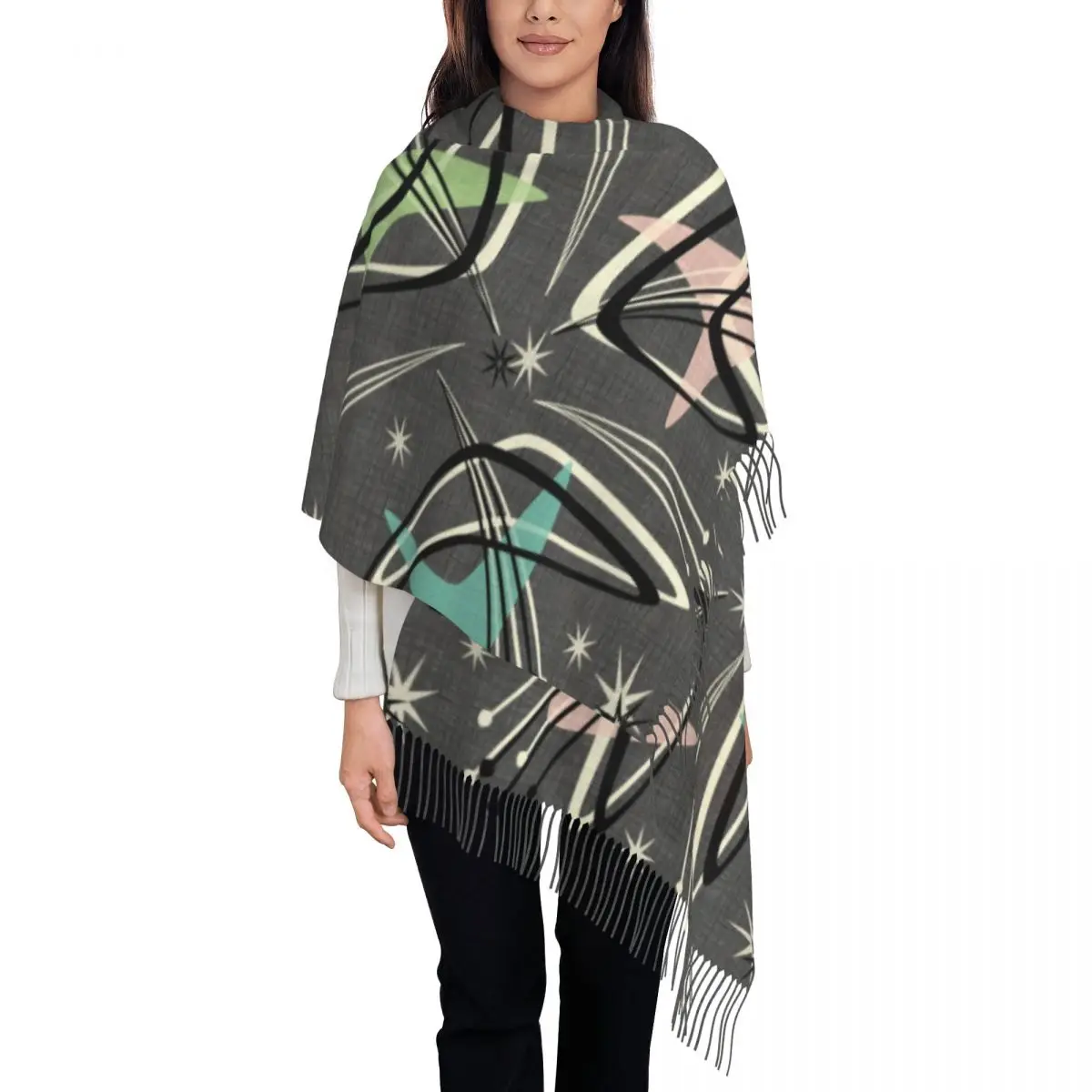 Gray Boomerangs Stars Texture Tassel Scarf Women Soft Mid Century Geometric Shawls Wraps Female Winter Scarves