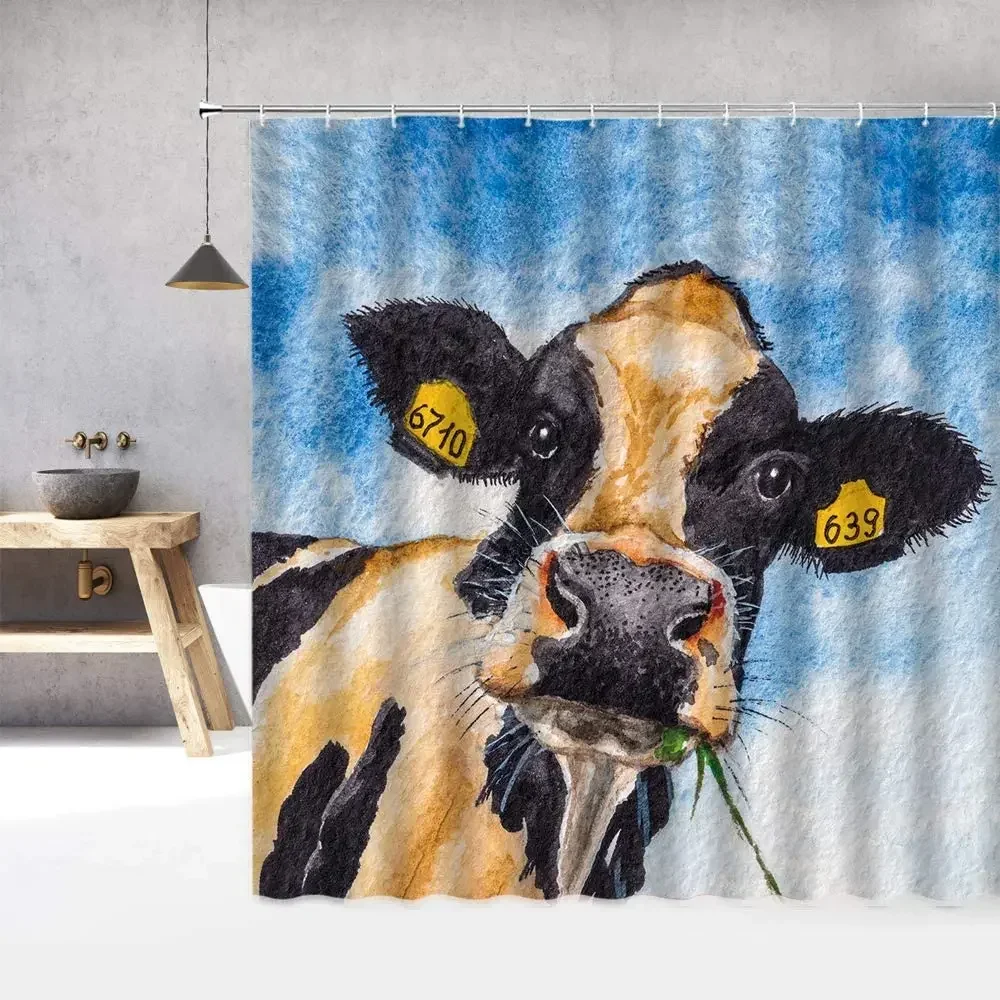 Farm Cow Shower Curtain Watercolor Cattle Funny Animals Country Farmhouse Style Kids Fabric Bathroom Decor Curtains Sets Hooks