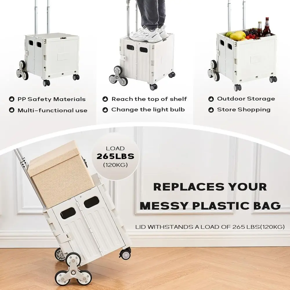 유틸리티 카트, 접이식 쇼핑 카트, 책 보관 카트, 계단 오르기용 바퀴와 손잡이 포함, 실외 가정용 및 교사/학생용으로 이상적