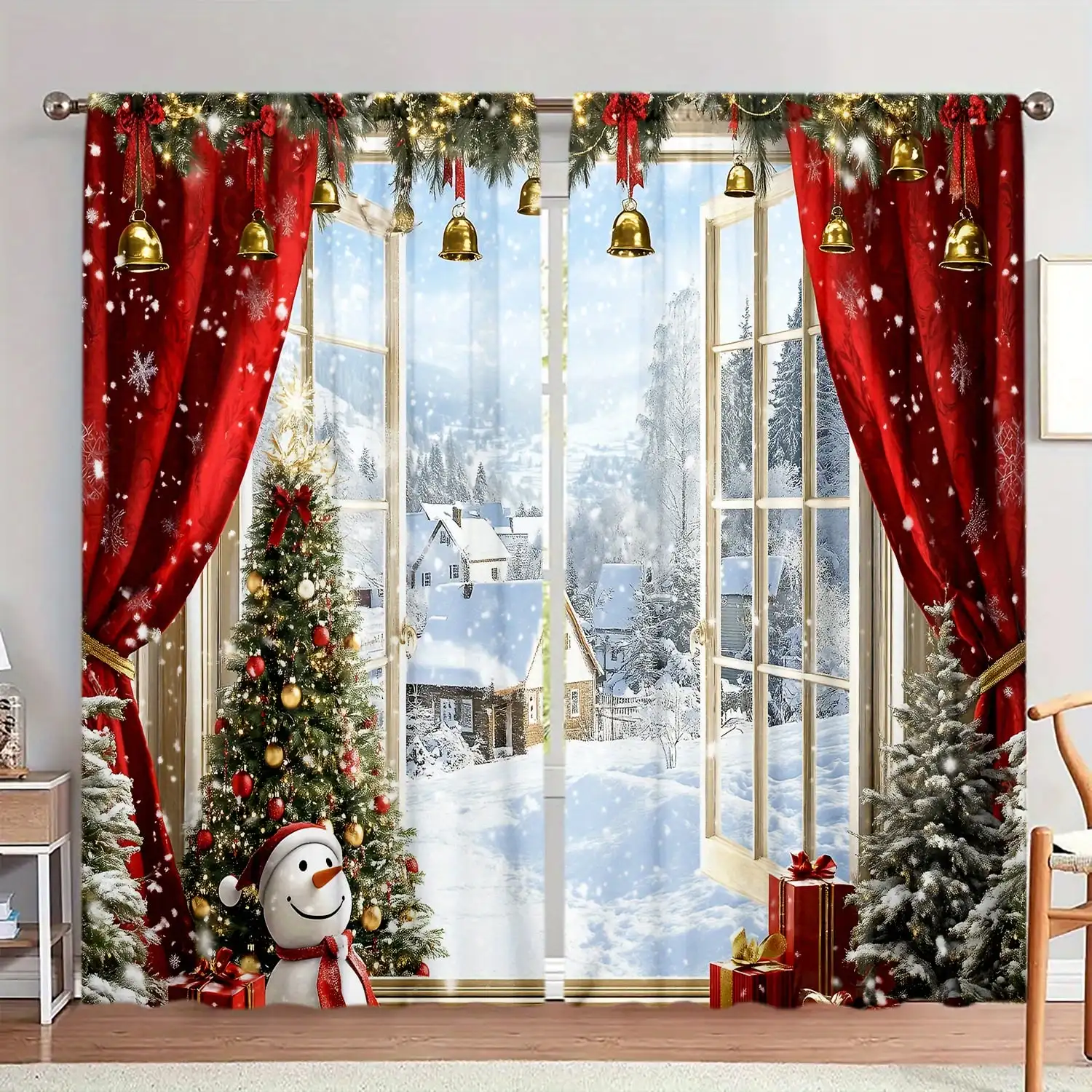 

2pcs Celebrating Christmas Printed Curtain for Christmas Home Decor - Rod Pocket Window Treatment for Bedroom, Office, Kitchen