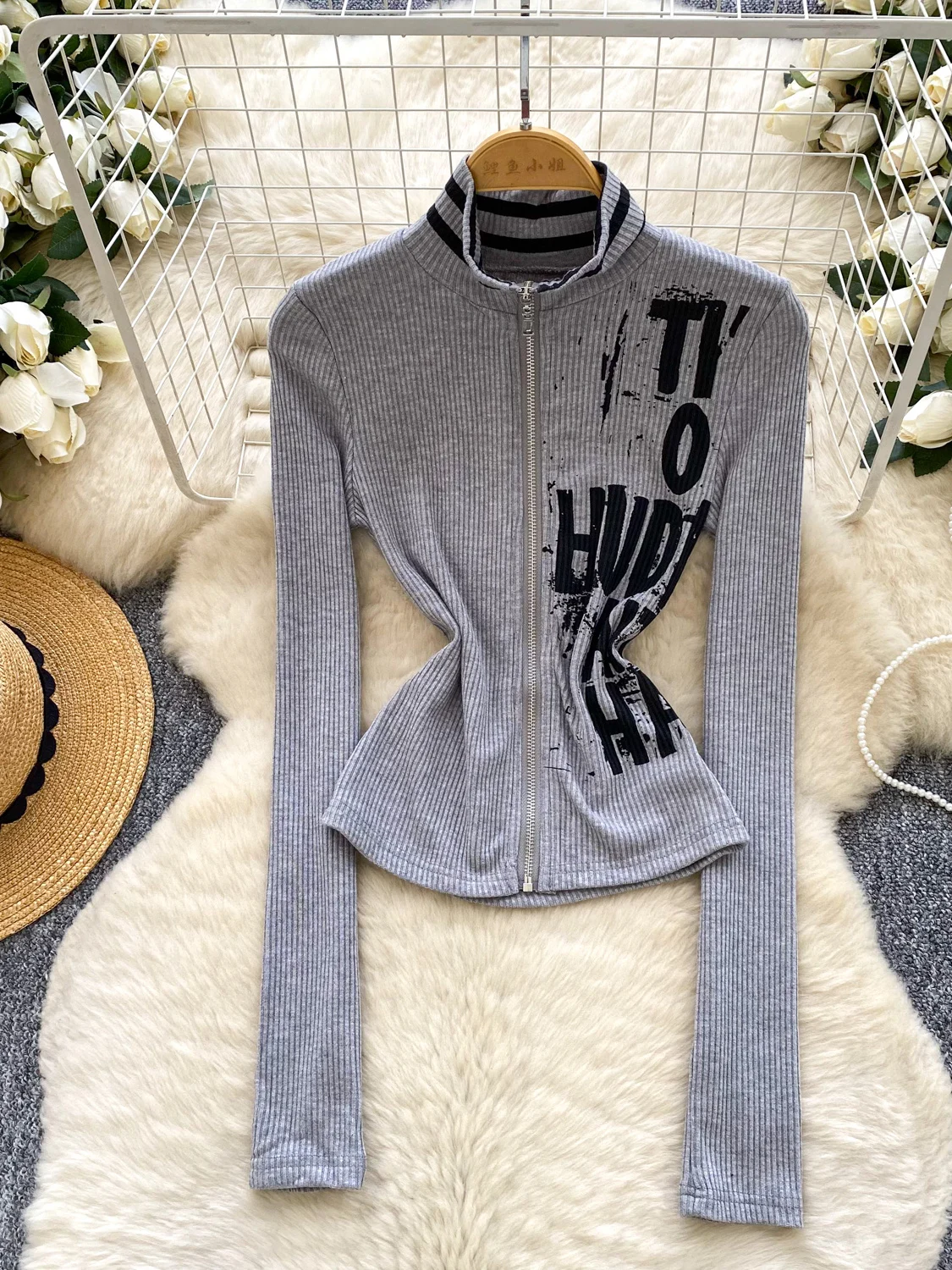 

Women Grey Turtleneck Cardigan Sweater Vintage Letter Print Jumper Knit Long Sleeves Cashmere Sweater Winter 2000s Clothes 2025