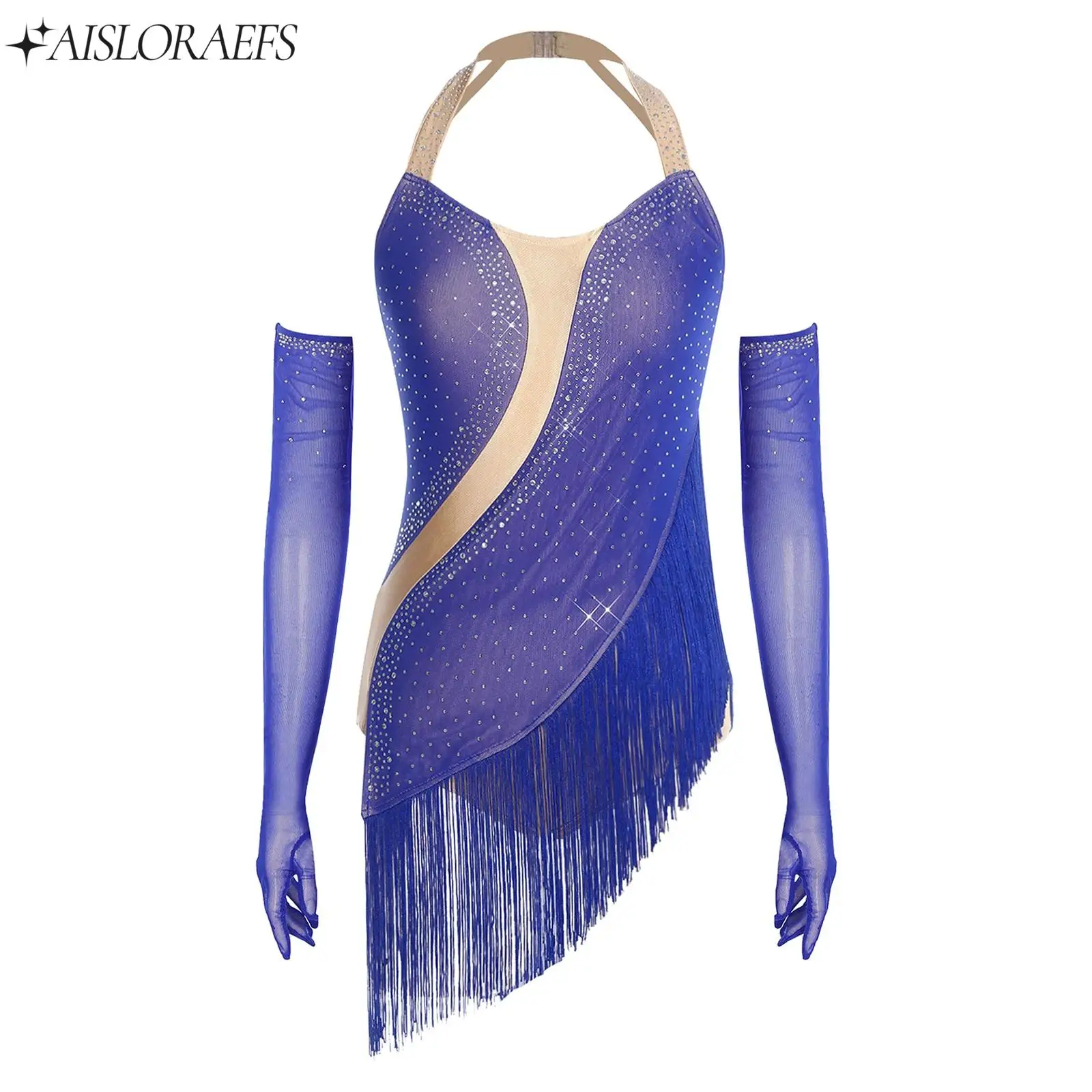 

Women's Latin Tango Dance Sets Halter Backless Rhinestone Tassel Bodysuit with Gloves Cha-cha Samba Dance Performance Costumes