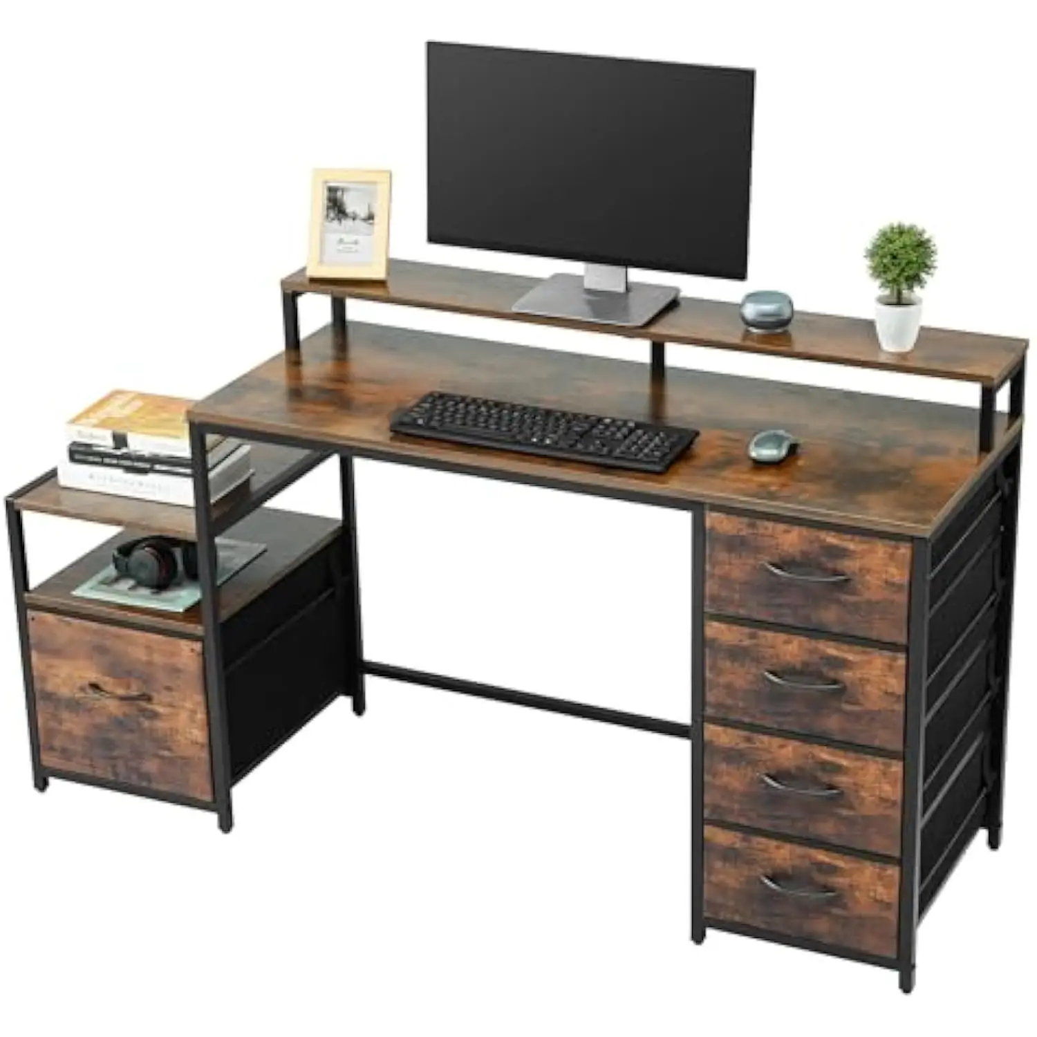 

Compact Computer Desk with Storage Shelf/Cloth File Drawer for Letter Size/Monitor Stand Study Table for Home Office (Rustic B