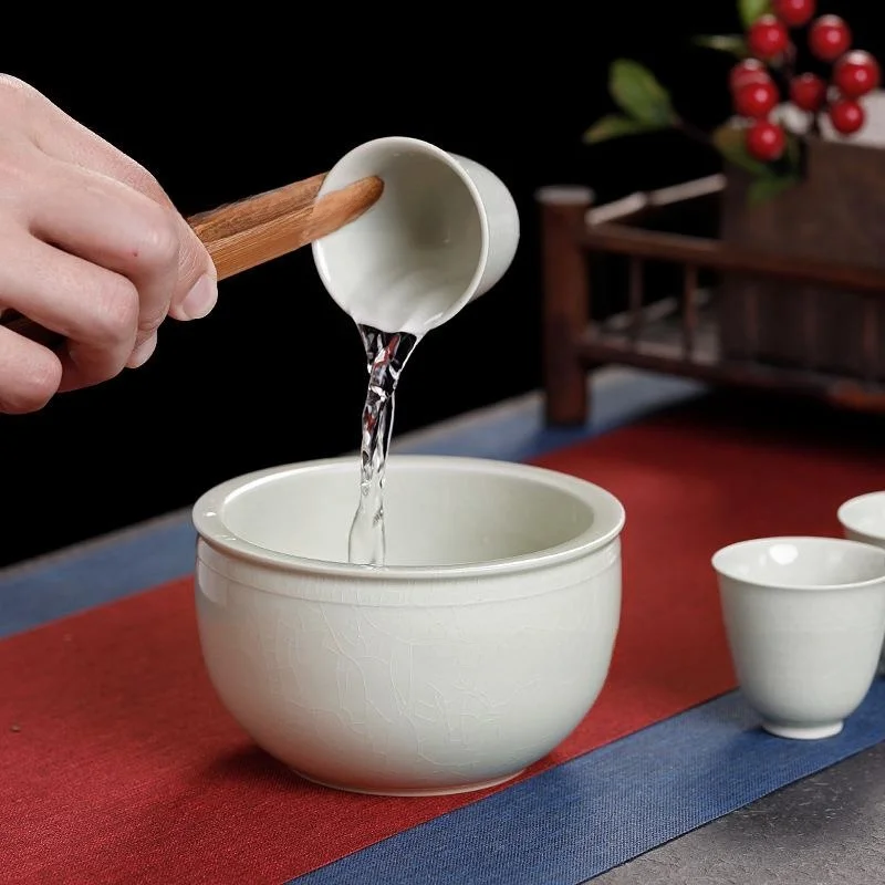 Japanese Style Ceramic Tea Washing Bowl with Lid Home Use Dry Tea Tray Small Water Basin Porcelain Tea Set Holder Grass Ash view 4
