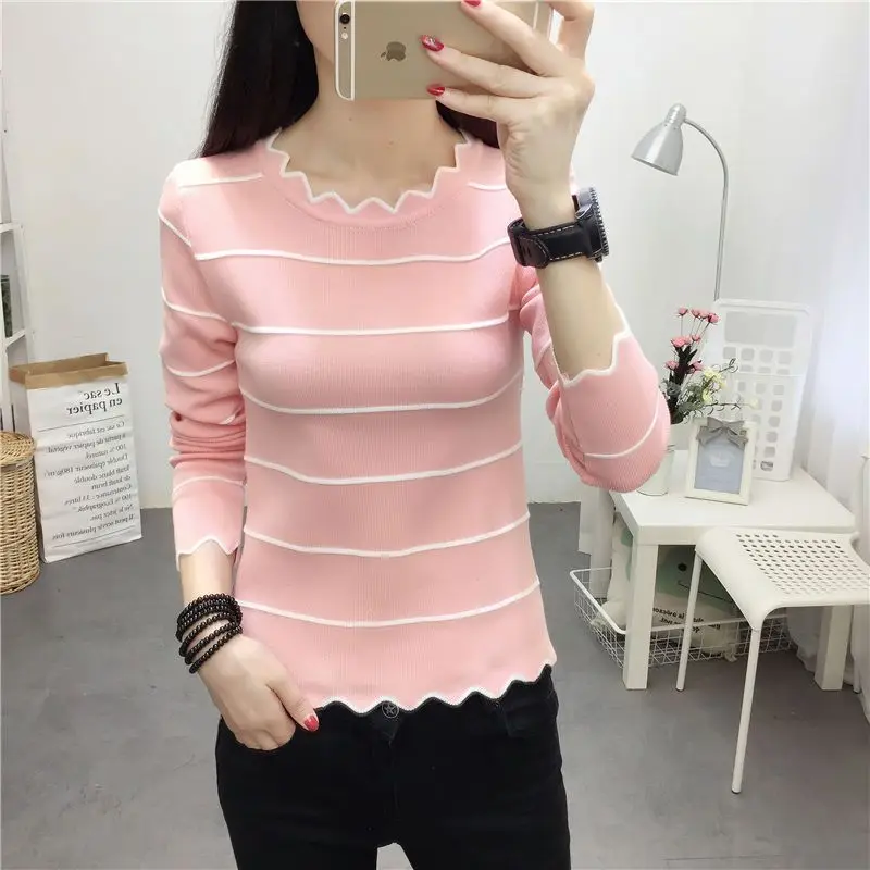 Roupas femininas listradas all-match vintage pullovers topo outono inverno nova manga longa magro moda blusas coreano high street