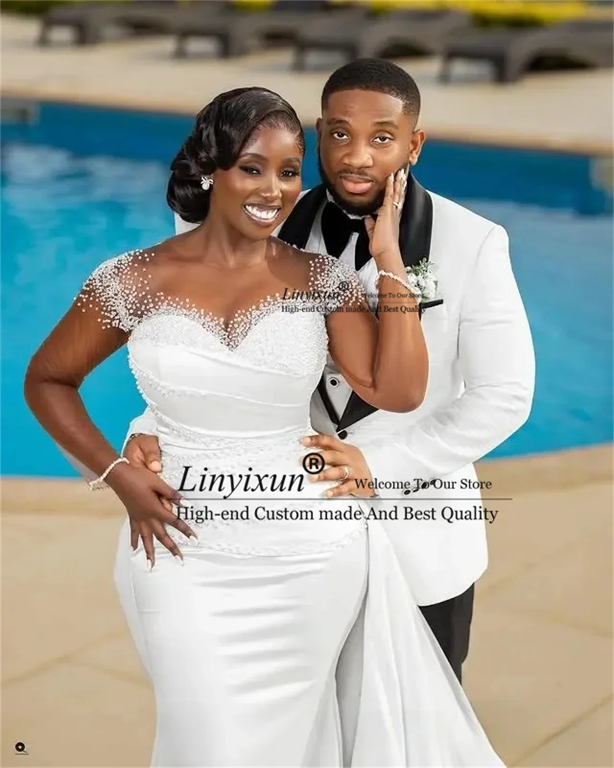 African Sequins Beaded Wedding Dress With Long Sleeves Mermaid Bridal Gowns Customized Remove Train Aso Ebi vestidos de novia