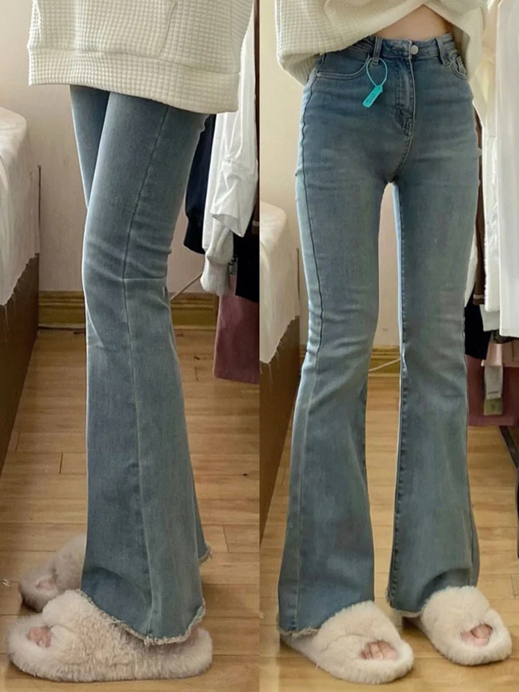 

Джинсы-клеш с высокой талией для женщин больших размеров, удлиненные, с эффектом удлинения ног, с рваными краями, в ретро-стиле, для фигуры типа «груша»