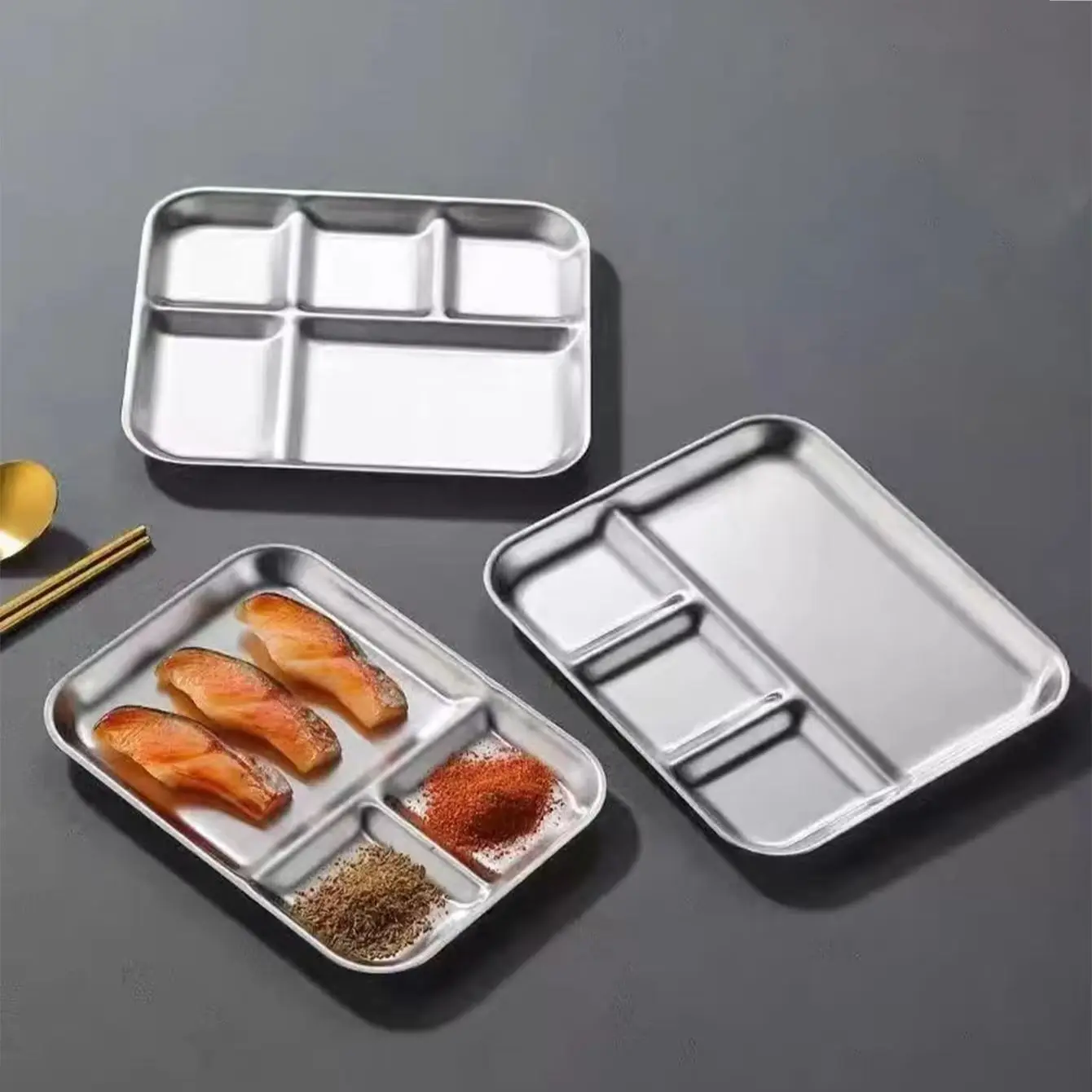 Koreanischer Stil, glänzender Edelstahl-BBQ-Dip-Saucen-Teller, integrierte Unterteilung, Gewürzschale, Saucenschale, Restaurantgeschirr, Teller mit fünf Fächern, 1 Stück