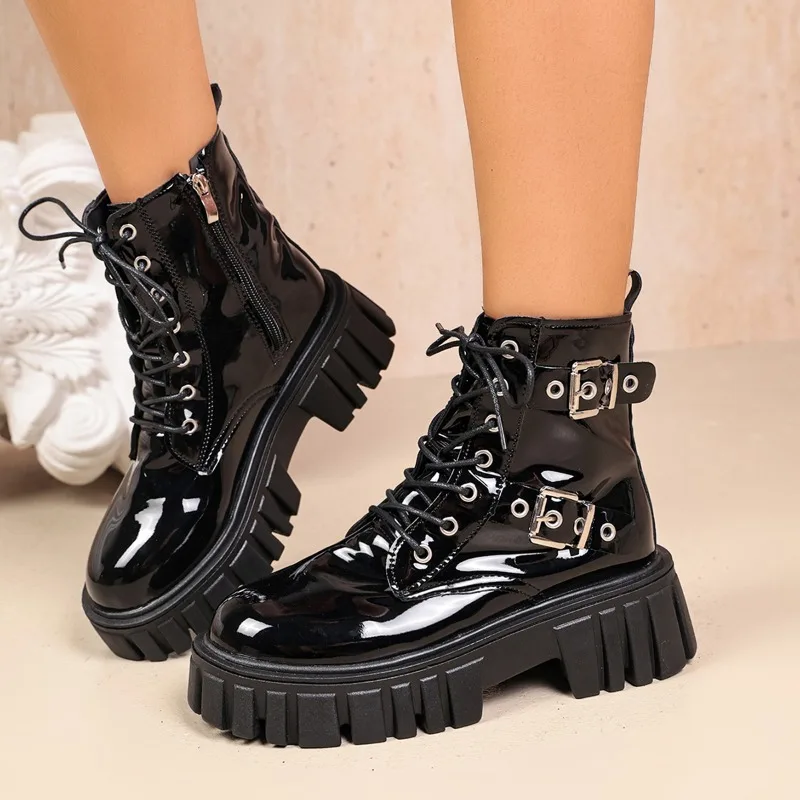 Waterproof Patent Leather Block Heel Shoes Fashion Round Toe Metal Buckle Non-slip Booties