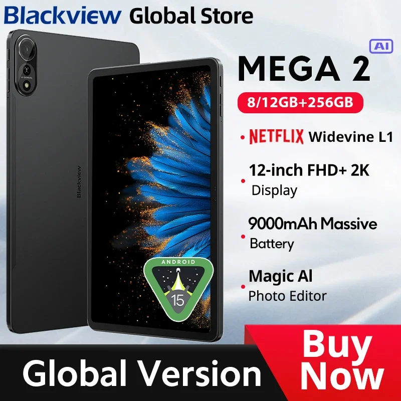 2025 New Blackview MEGA 2 Tablets 12 inch 2K Display 8GB/12GB 256GB Android 15 Unisoc T615 9000mAh Battery Widevine L1 Pad PC