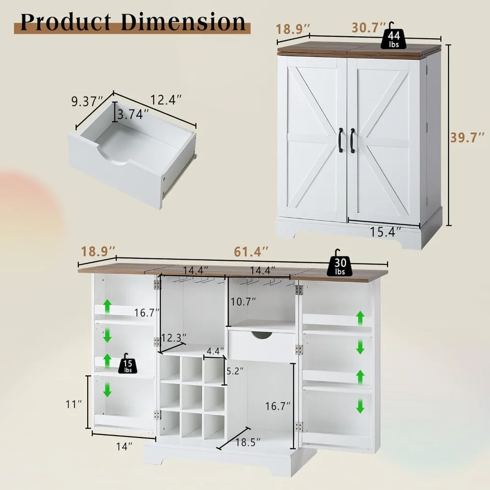 خزانة بار النبيذ القابلة للتوسيع مع سطح طاولة قابل للطي وباب الحظيرة، وحدة بار القهوة المنزلية مقاس 61 بوصة تتميز بتخزين النبيذ والزجاج #2