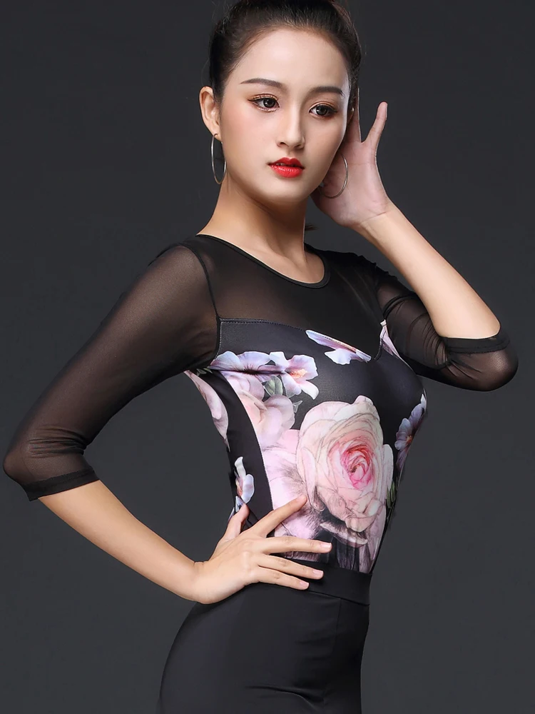 Haut de danse latine nouvelle pratique orm vêtements de danse moderne stand tenue de performance imprimer vêtements de danse sociale à manches mi-longues A...