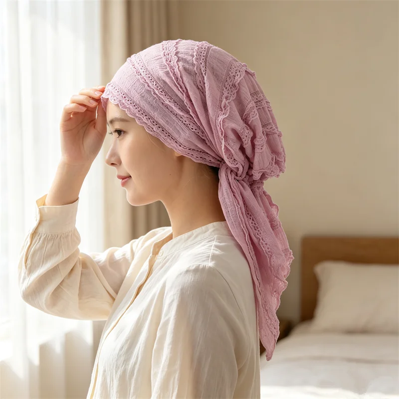 Soft Elastic Lace Solid Color Turban Hat Long Tail Head Wrap Muslim Hijab Women Chemo Cap Pre-Tied Headscarf Hair Loss Headwear