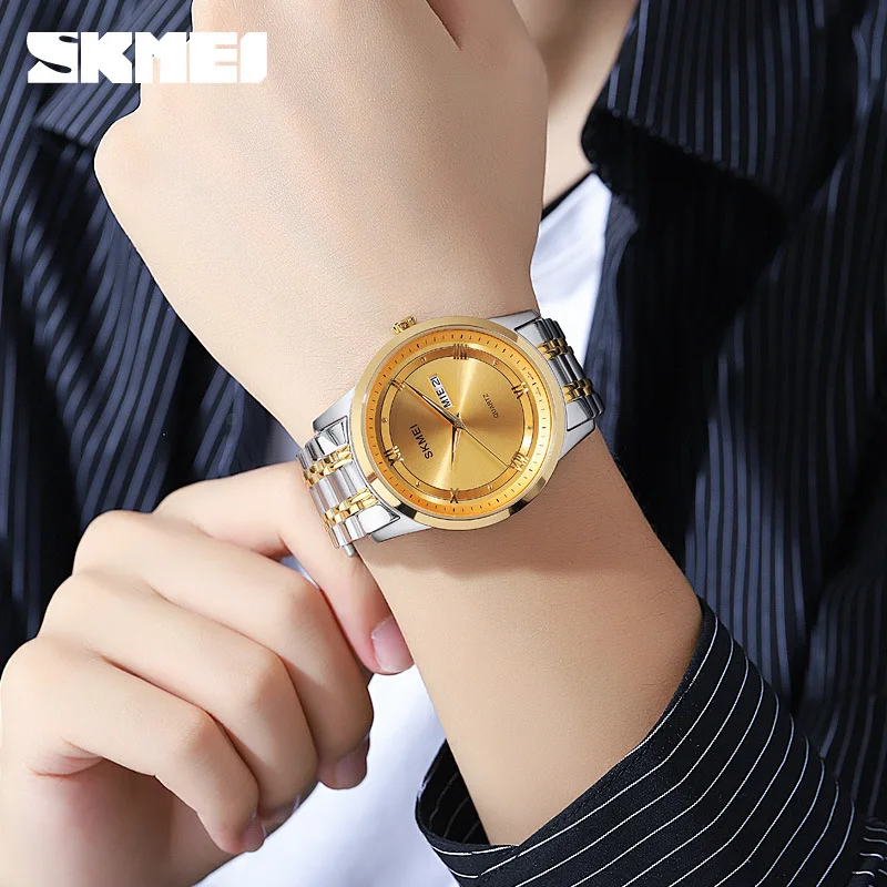 Skmei التجارة الخارجية في الهواء الطلق الترفيه مزدوجة التقويم الرجال ساعة كوارتز الأعمال الصلبة الرجال الصلب حزام ساعة