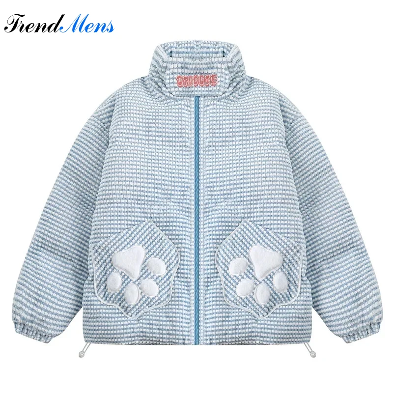 

2023 Plaid Men's Parka Cat Claw Embroidery Casual Loose Fashion Warm Coat Couple Street Hip Hop Harajuku Cotton Top Ropa Hombre