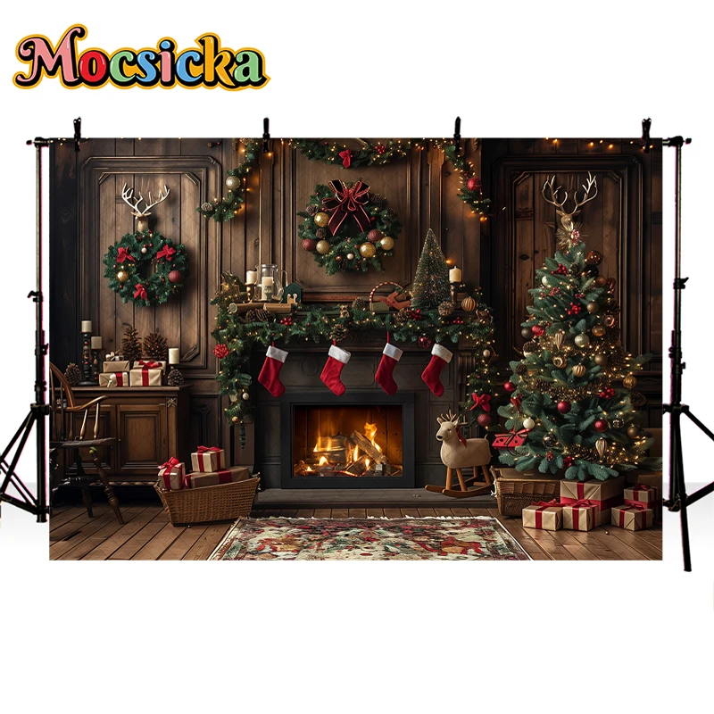 Mocsicka Santas Workshop Backdrops Kids Family Photography Fireplace Christmas Trees Wreath Red Socks Backgrounds