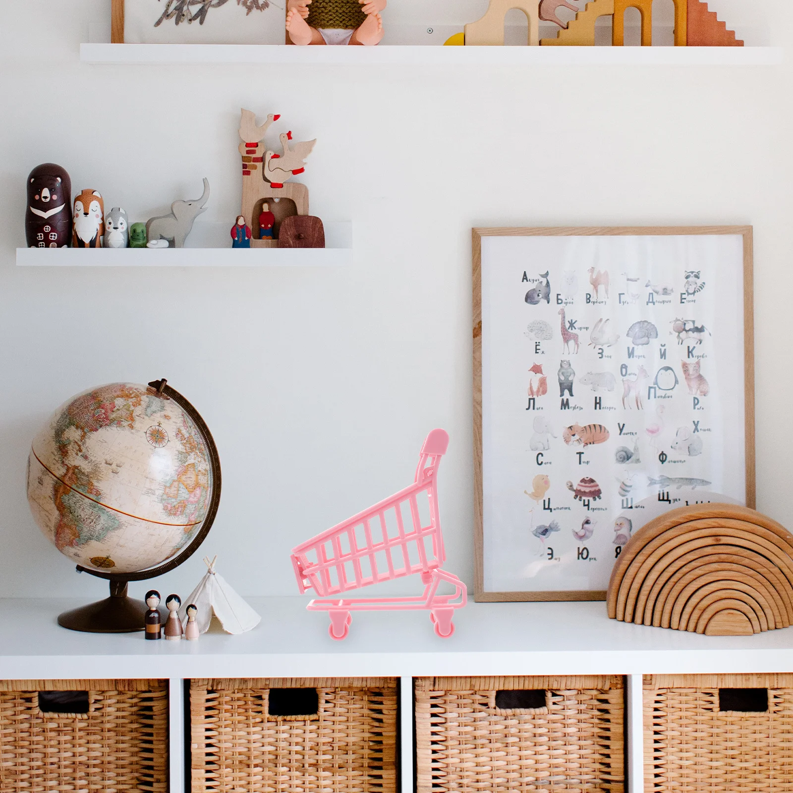 

1Pcs Mini Shopping Cart Trolly Size S Desktop Storage Basket Holder Ribbon Bow Flower Four Wheels Home Office Decoration