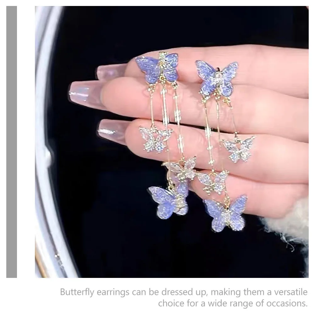 

1Pair Purple Crystal Butterfly Earrings Lightweight Tassel Chain Studs Dainty Earrings for Women Party Jewelry