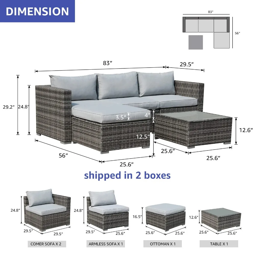 Ensemble de meubles d'extérieur en PE gris avec coussins légers, conversation sectionnelle, tous temps, jardin, piscine, WUNICEF, 5 pièces