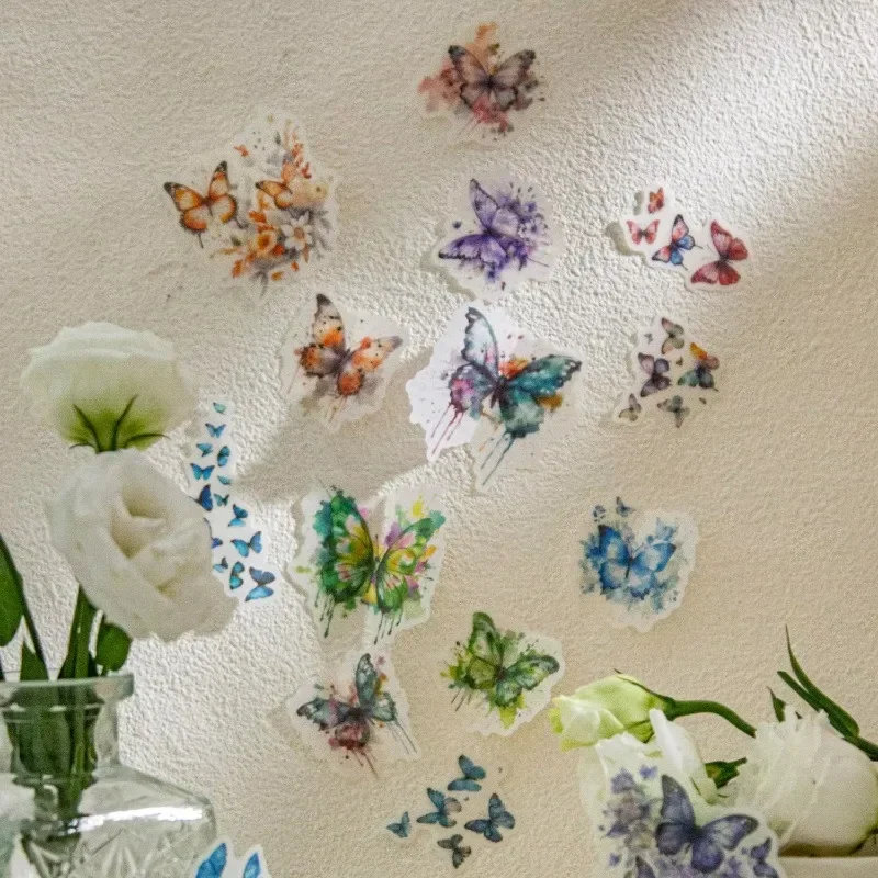 20Pcs Stickers Pack Butterfly Dyeing Flower Blooming Collage Handmade Material Supplies Writing handbook Scrapbook 132*75mm