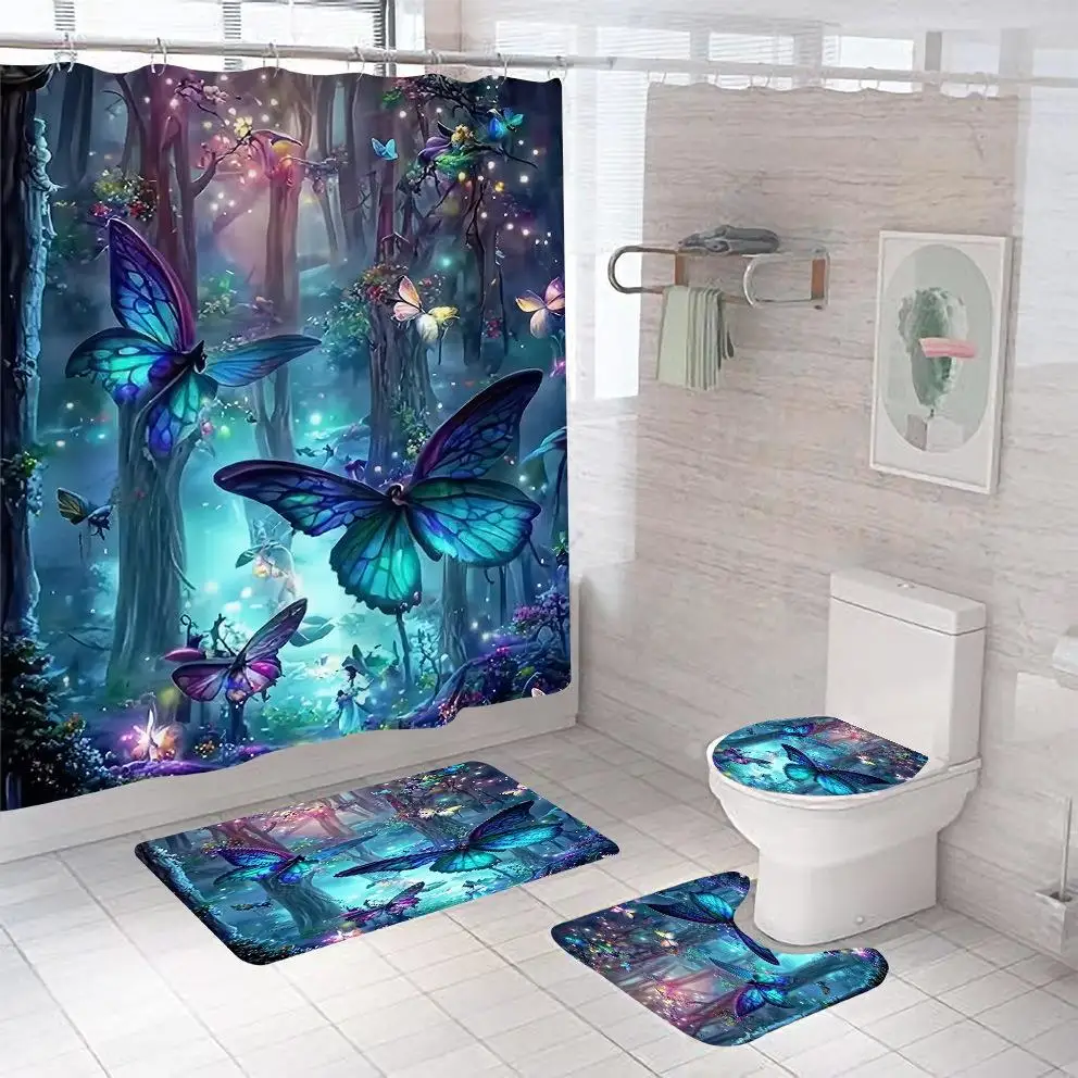 

Bathroom Shower Curtain Set of 4 Waterproof Printed Shower Partition Anti Slip Mat American Style Polyester Material