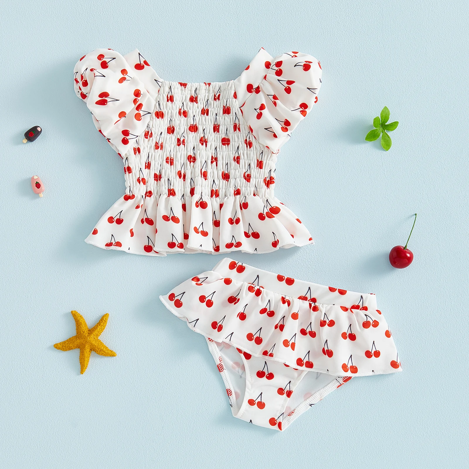 

Комплект бикини с цветочным принтом для маленьких девочек, с бантом и отделкой рюшами, для пляжного отдыха